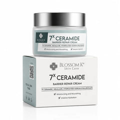 Blossom K Skin Care 7x Ceramide Barrier Repair Cream jar displayed above its white retail box on a clean white background.