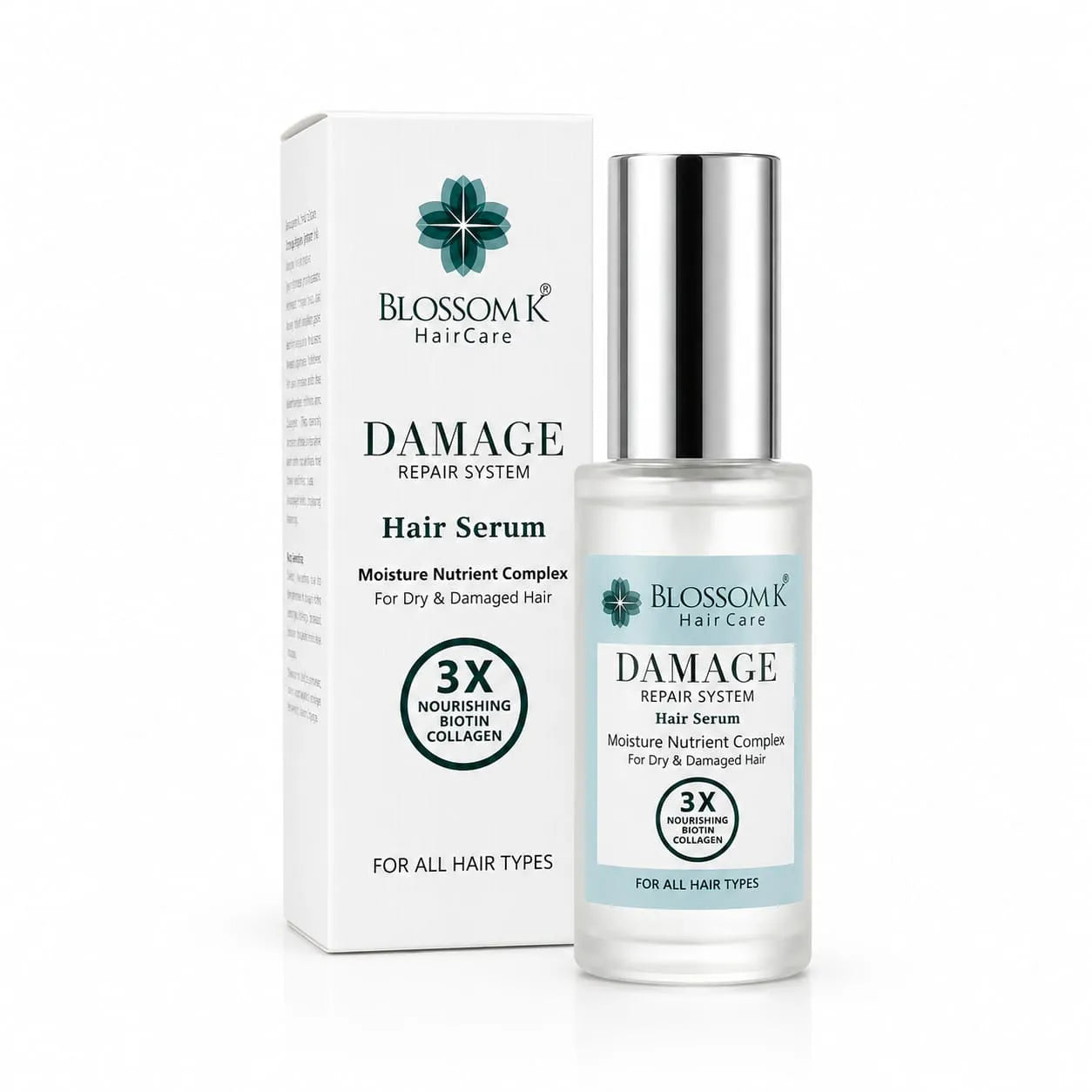 Blossom K HairCare Damage Repair System Hair Serum bottle with a silver cap next to its white packaging box, on a clean white background.