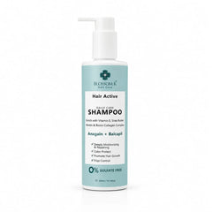 A 300ml bottle of Blossom K Hair Care 'Hair Active' shampoo, featuring a white pump dispenser and a light blue label with white text, set against a plain white background.