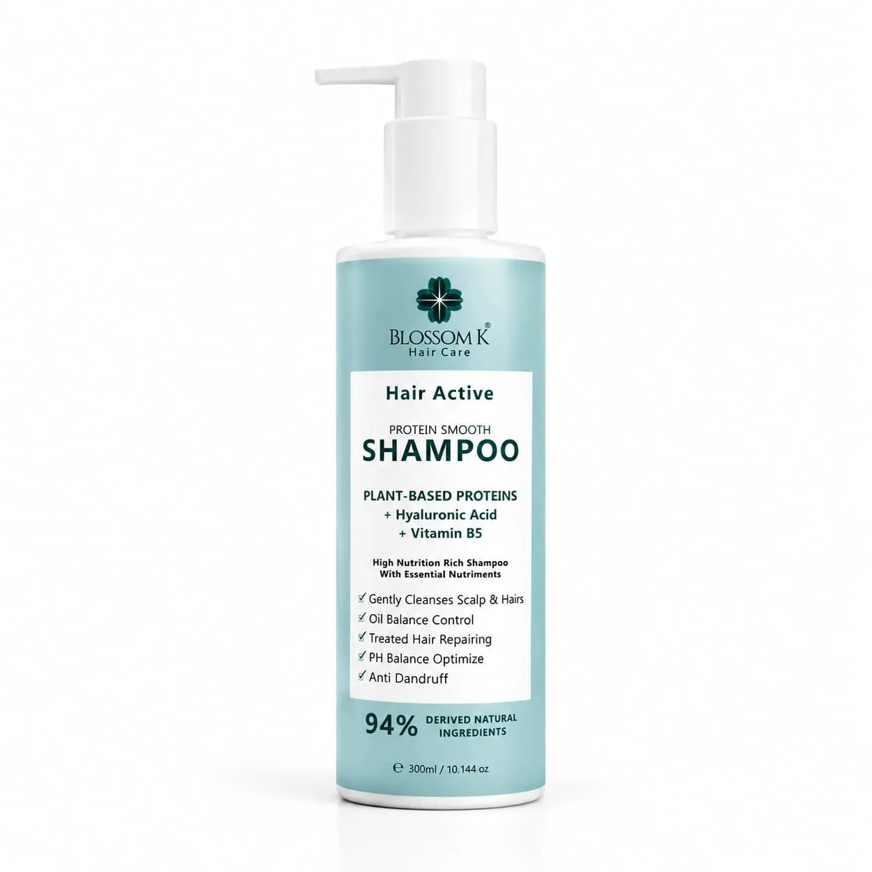 A 300ml pump bottle of Blossom K Hair Care 'Hair Active' protein smooth shampoo, featuring a light blue-green label with white text and a white pump dispenser, set against a plain white background.