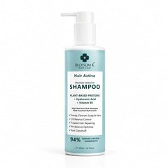 A 300ml pump bottle of Blossom K Hair Care 'Hair Active' protein smooth shampoo, featuring a light blue-green label with white text and a white pump dispenser, set against a plain white background.