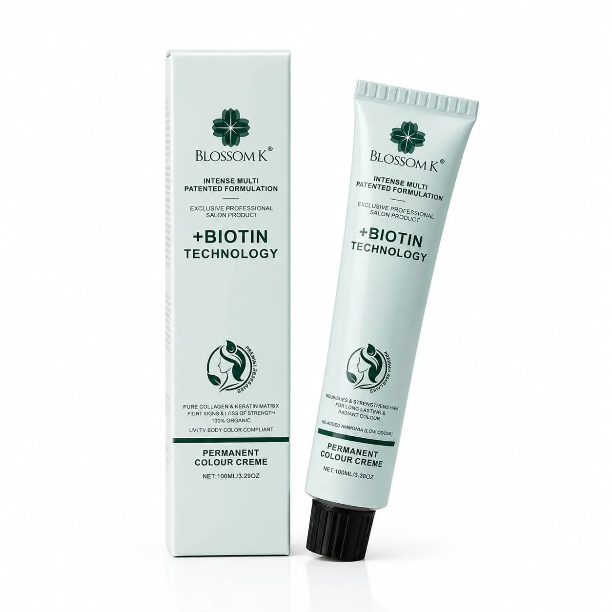 Blossom K Permanent Colour Creme tube and matching box packaging, featuring a light mint green design with black text and a green cross logo, set against a plain white background.