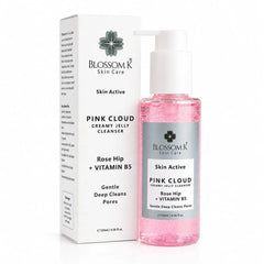 Blossom K Skin Care Pink Cloud Creamy Jelly Cleanser bottle and packaging box on a white background. The bottle contains pink gel and has a white pump, next to its white box.