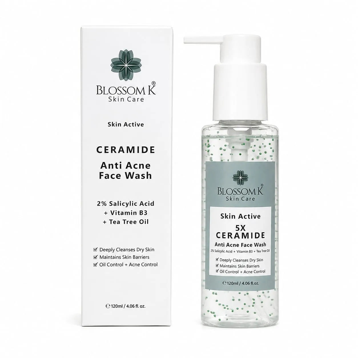 Blossom Skin Care Ceramide Anti Acne Face Wash bottle with pump and its white packaging box on a white background.