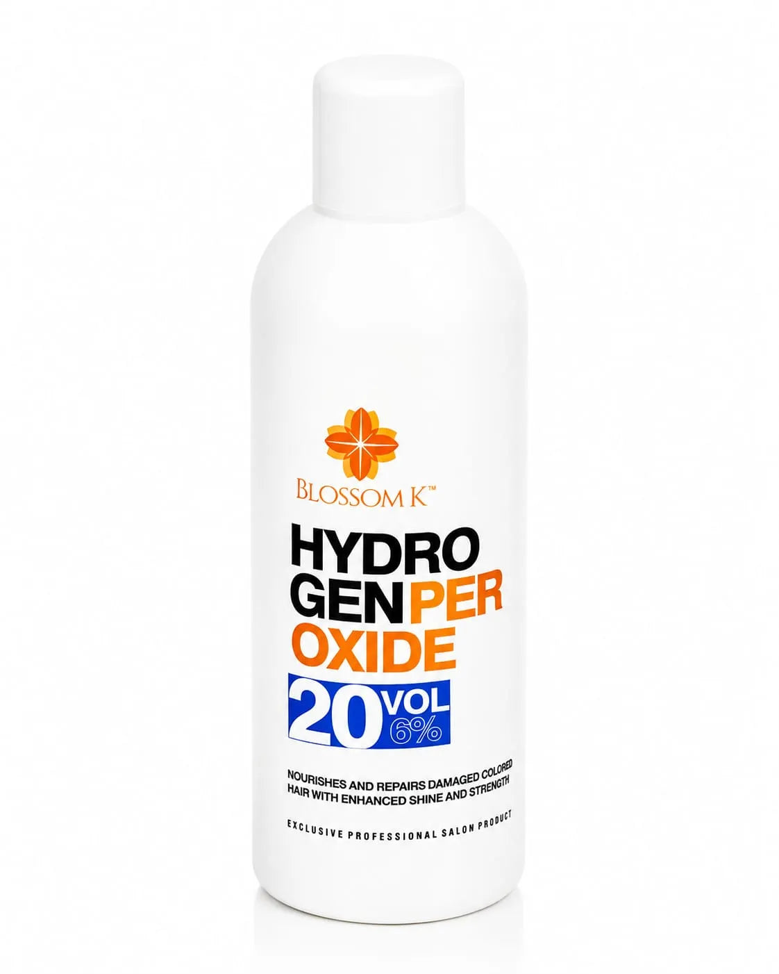 A white bottle of Blossom K Hydrogen Peroxide 20 Vol (6%) hair developer, featuring an orange logo and black and orange text on a clean white background.