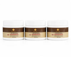 Three white plastic jars of Hair Resounding Professional hair restoration treatment arranged side by side on a white background.