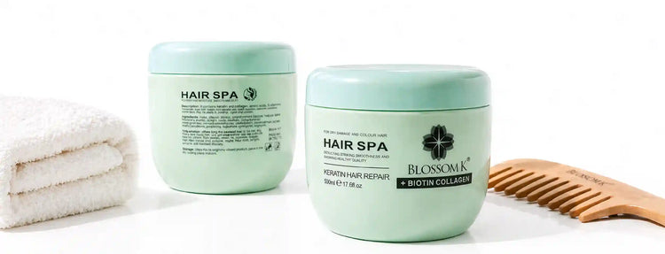 Blossom K Hair Spa keratin hair repair mask with biotin and collagen for dry, damaged, and colour treated hair.