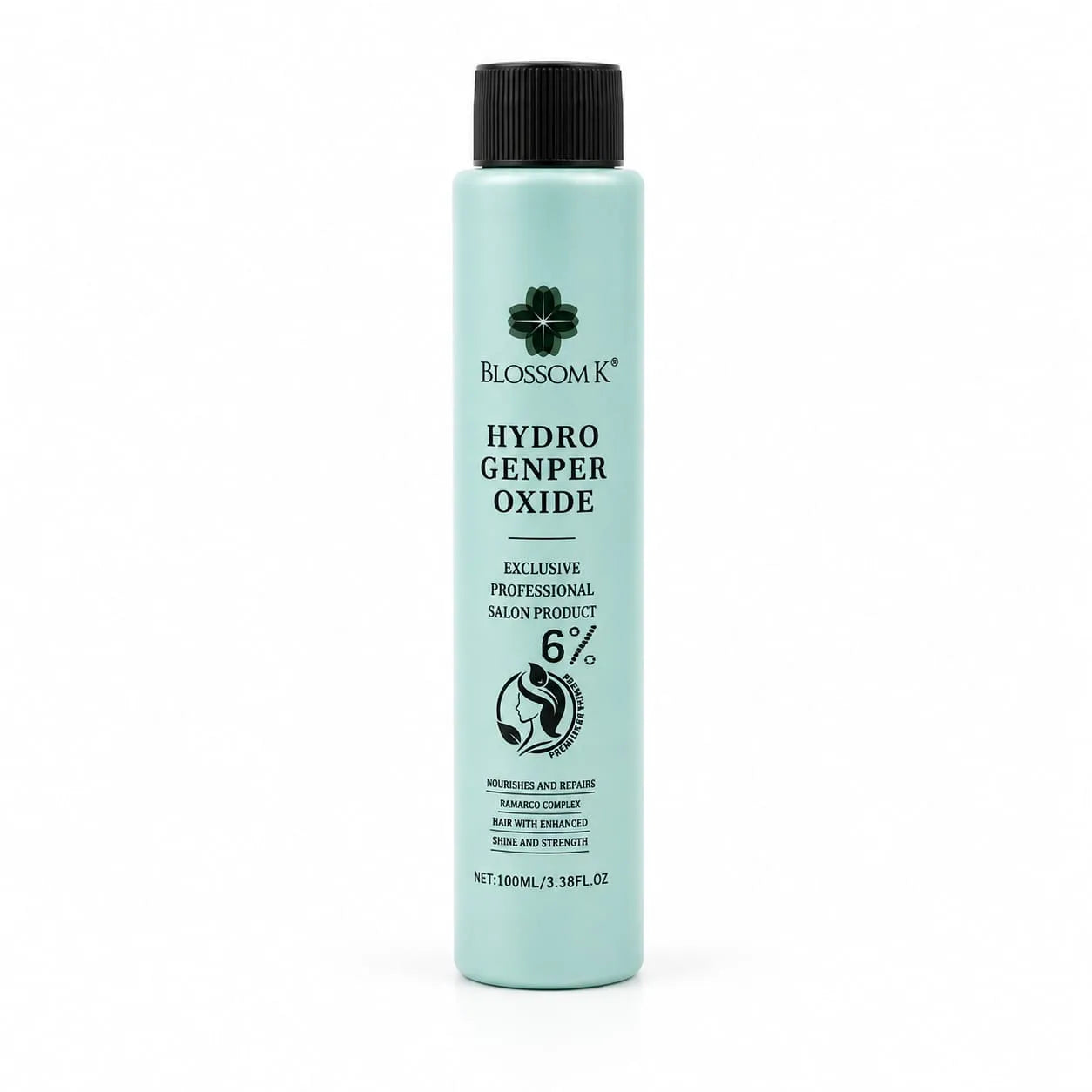 A bottle of Blossom K Hydro Genper Oxide 6% professional salon product in a light mint green color with a black cap, on a white background.