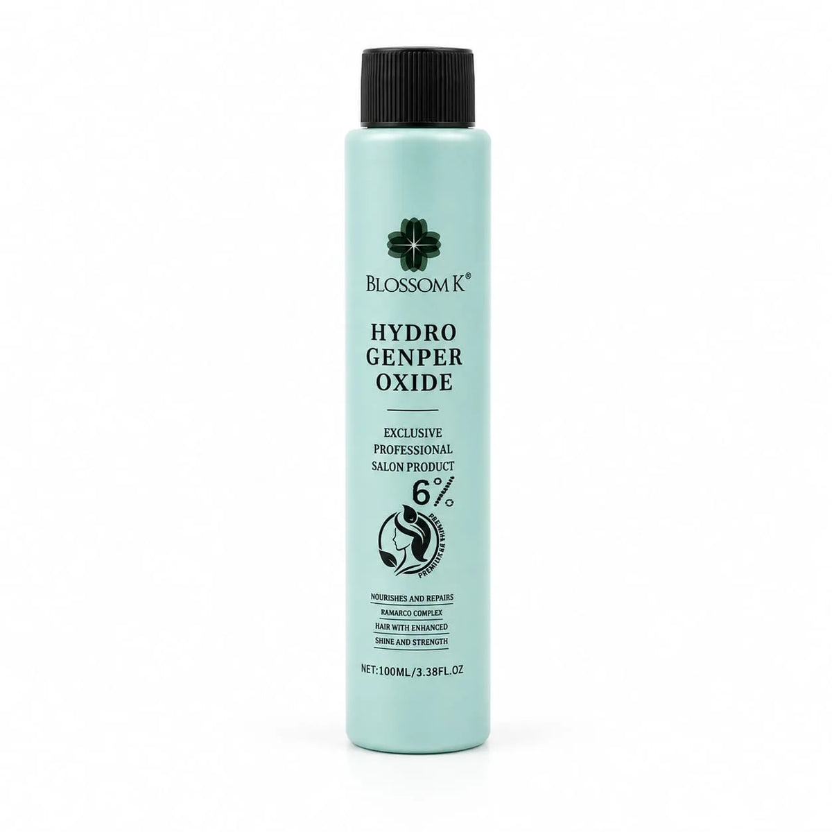 A bottle of Blossom K Hydro Genper Oxide 6% professional salon product in a light mint green color with a black cap, on a white background.