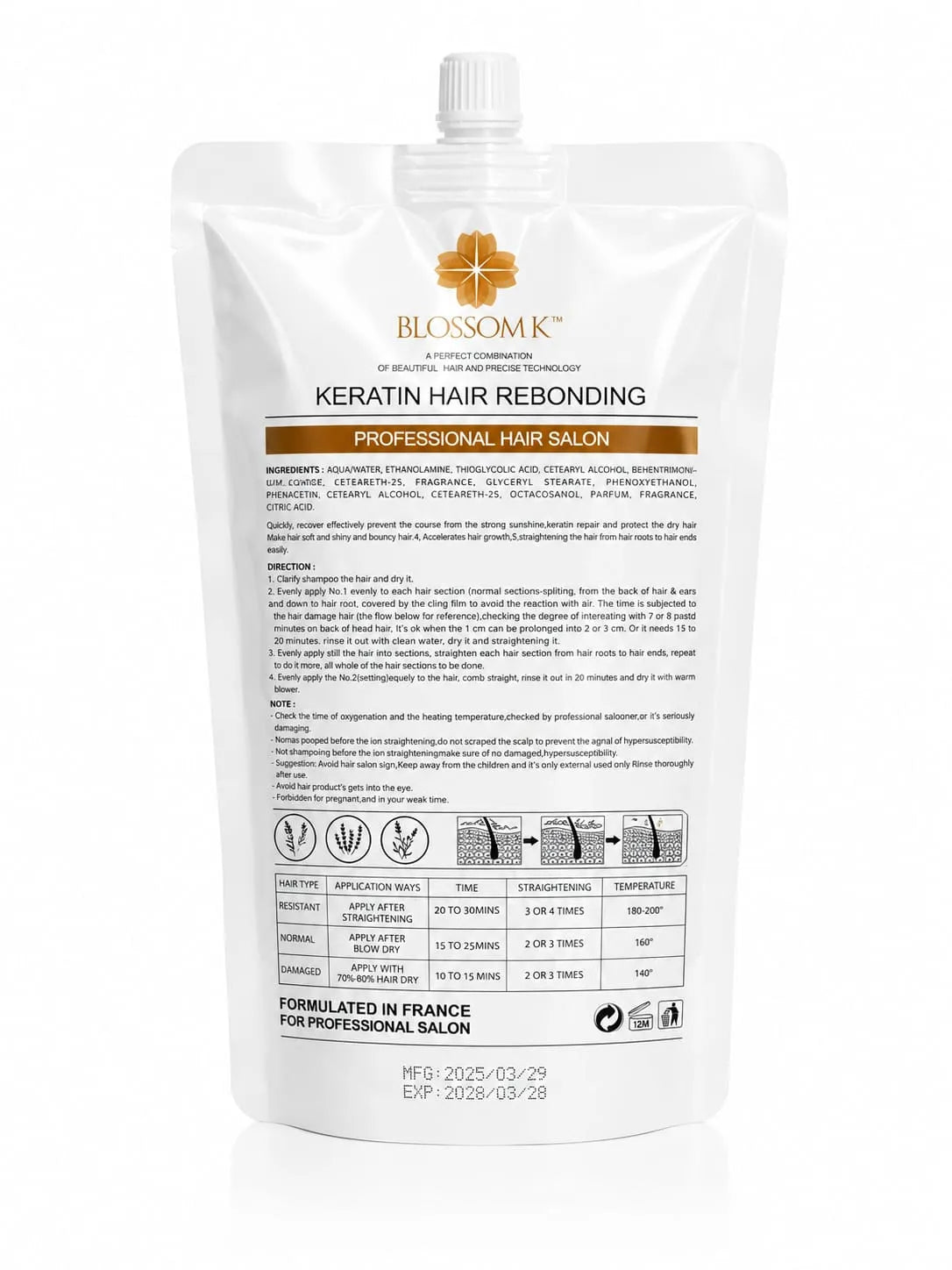 A white stand-up pouch of Blossom K Keratin Hair Rebonding product with a white cap, shown on a clean white background with a soft reflection below.