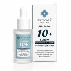 Blossom Skin Care 10+ Serum in a frosted glass dropper bottle next to its white packaging box, both featuring a teal and white label design.
