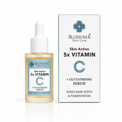 Blossom Skin Care Skin Active 5x Vitamin C serum in a clear dropper bottle next to its white and blue packaging box, on a clean white background.
