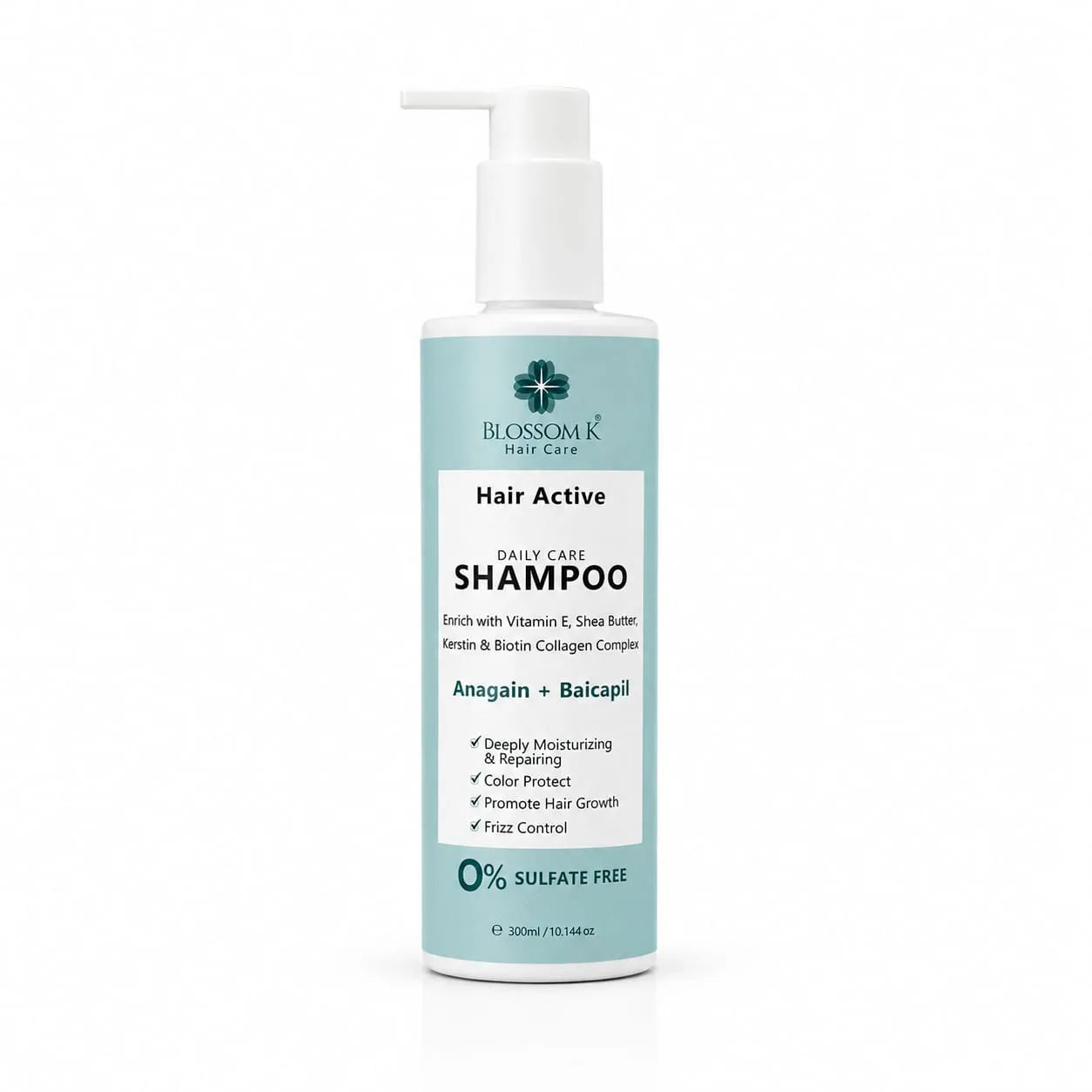 A 300ml bottle of Blossom K Hair Care 'Hair Active' shampoo, featuring a white pump dispenser and a light blue label with white text, set against a plain white background.