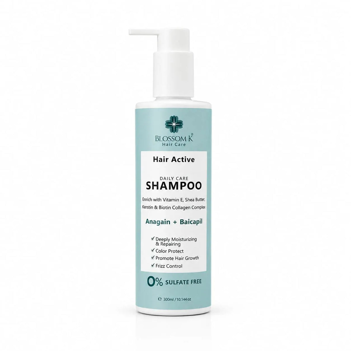 A 300ml bottle of Blossom K Hair Care 'Hair Active' shampoo, featuring a white pump dispenser and a light blue label with white text, set against a plain white background.