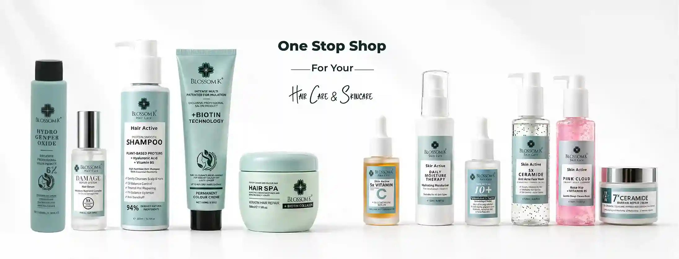 Blossom K online store catalog featuring complete premium hair care shampoos, developers, and advanced skincare serums.