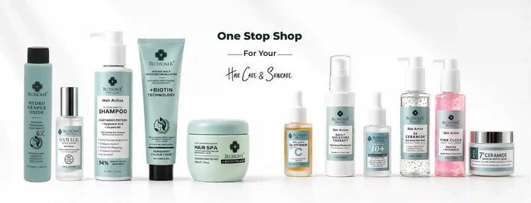 Blossom K online store catalog featuring complete premium hair care shampoos, developers, and advanced skincare serums.