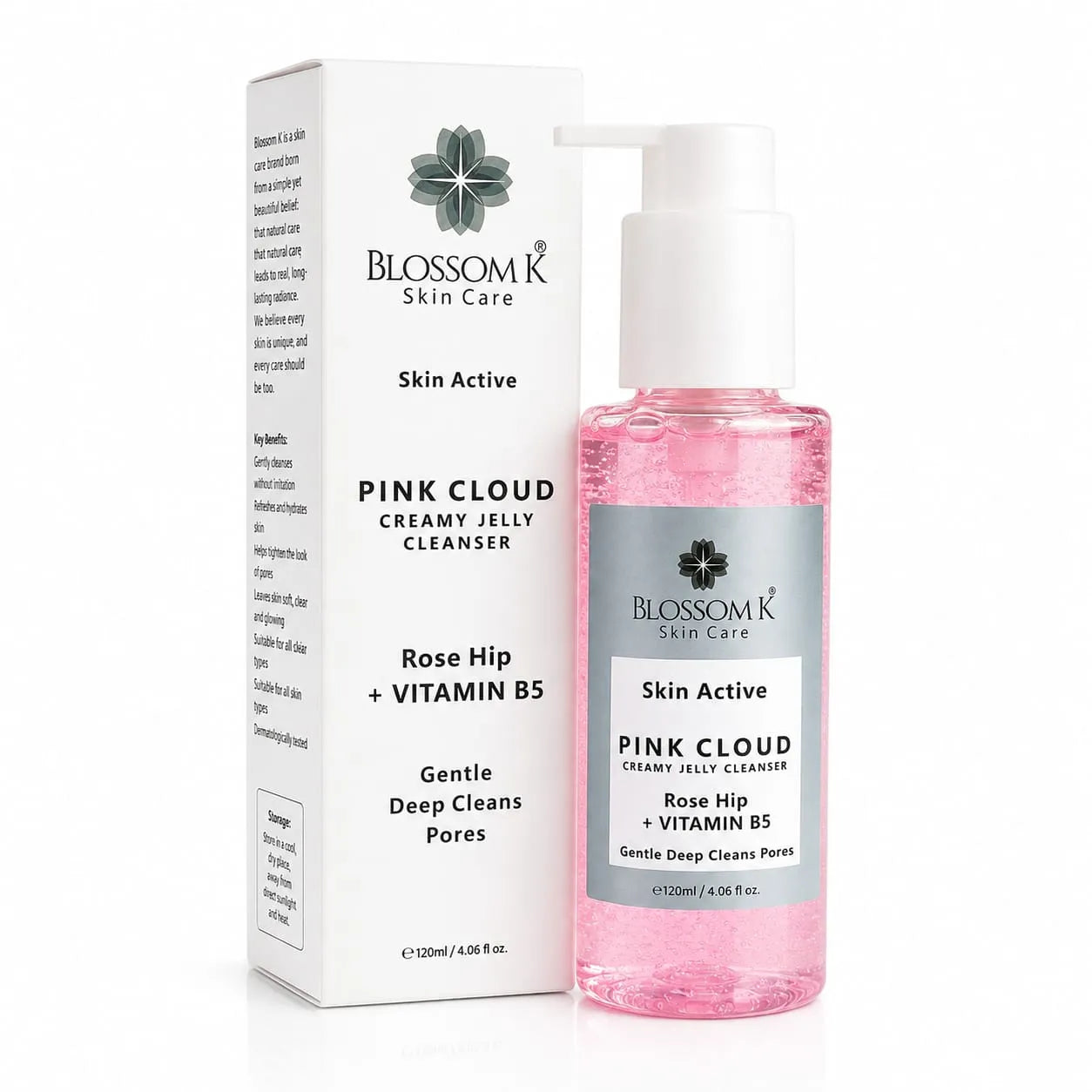 Blossom K Skin Care Pink Cloud Creamy Jelly Cleanser bottle and packaging box on a white background. The bottle contains pink gel and has a white pump, next to its white box.